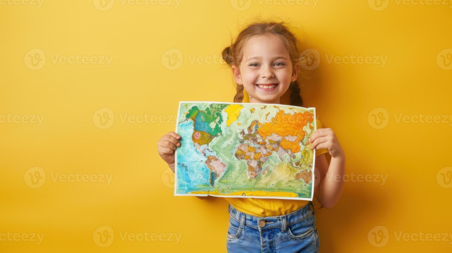 Happy little girl holding a map of the world on yellow background photo