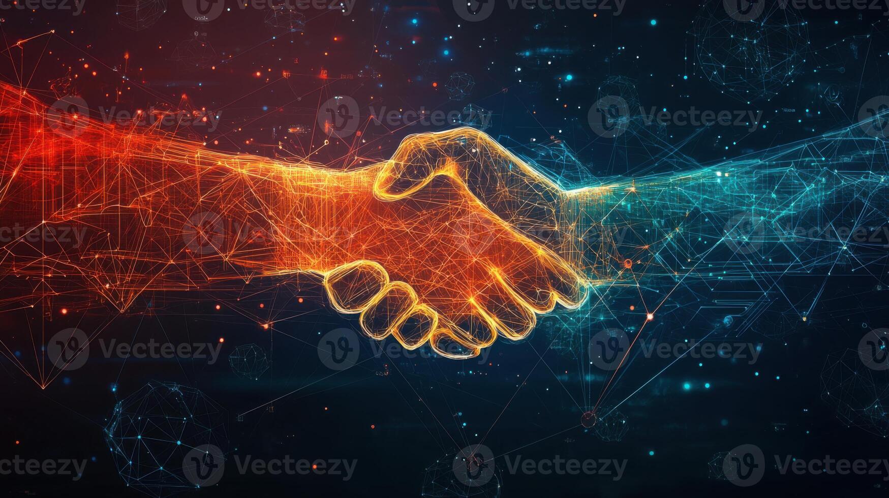 Two hands shaking over a networked background photo