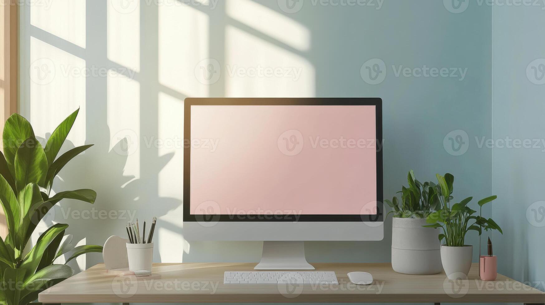 A computer monitor on a desk with a plant photo