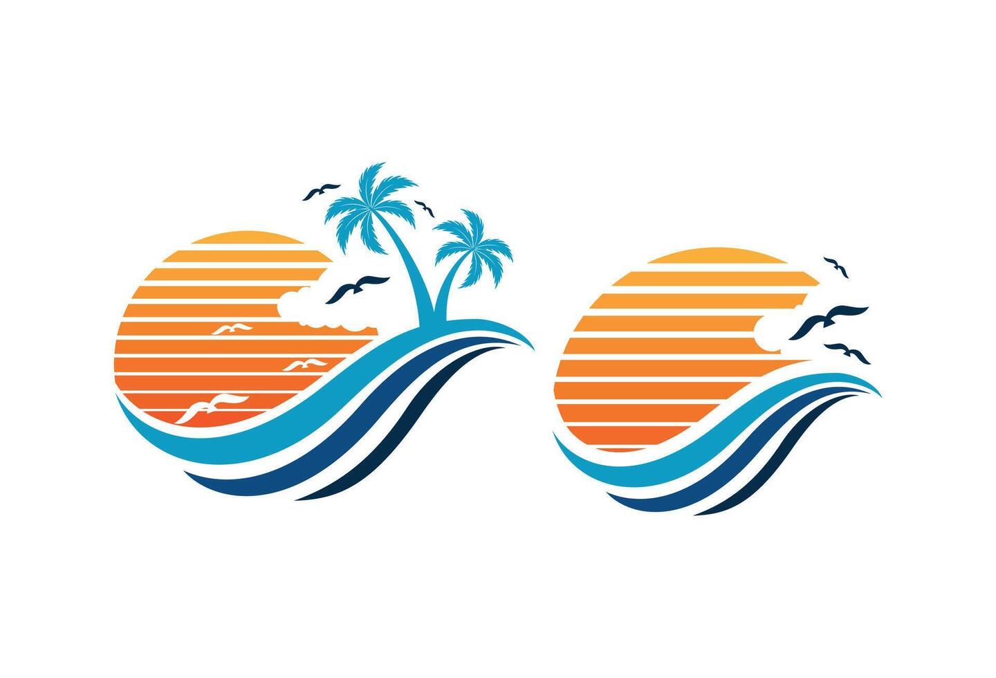 Sunset beach logo Landscape design illustration template. Summer Sun Wave Logo Sign Icon Design. Sea Logo Element. vector