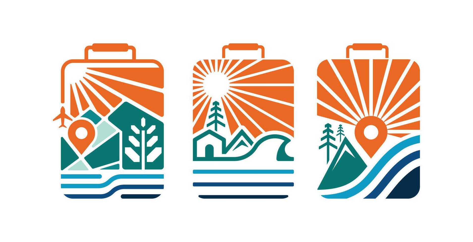 Travel logo design with travel bag, house, palm tree and sun illustration vector