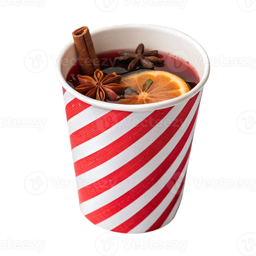 Christmas hot mulled wine in the plastic red and white stripped cup with cinnamon, spices and orange png