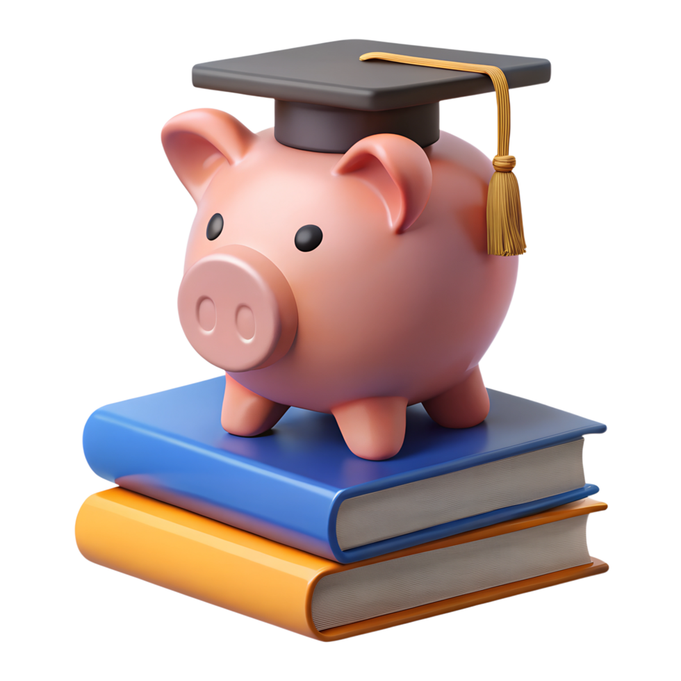 Piggy bank with graduation hat on the stack of books 3d illustration png