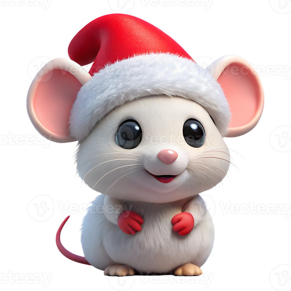 Cute white mouse wearing Christmas red hat 3d illustration png