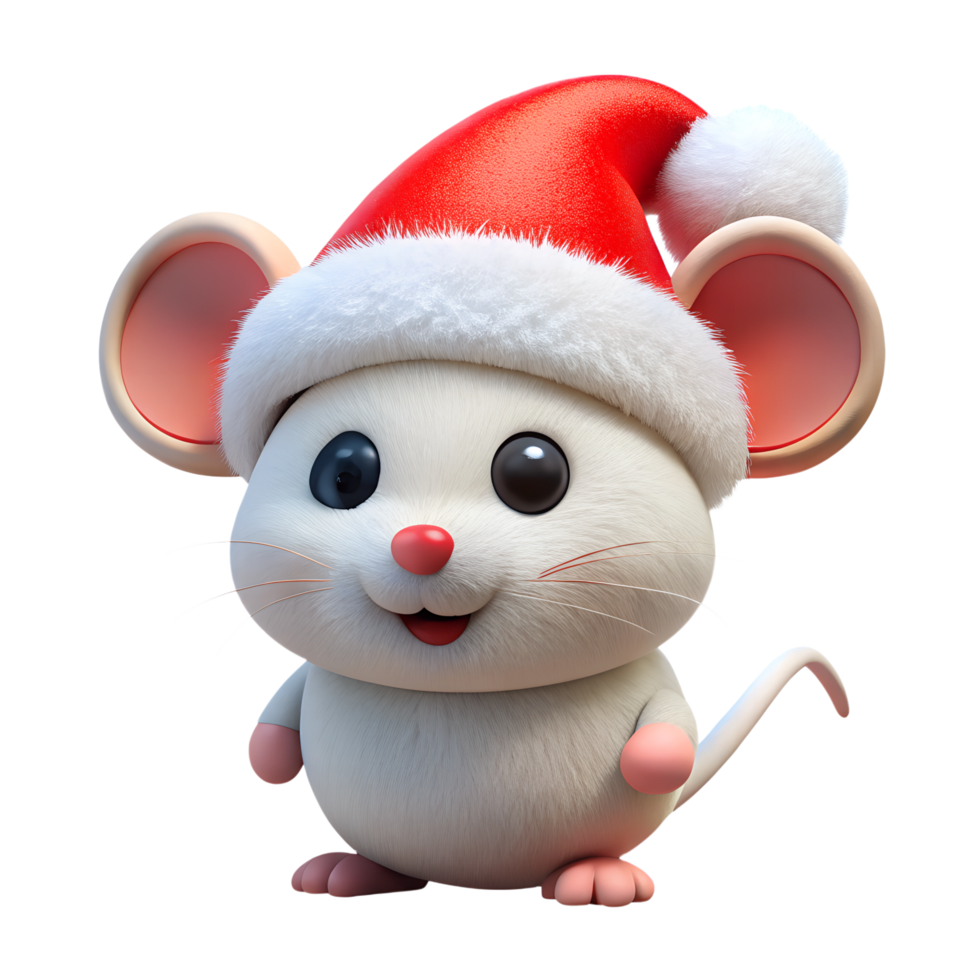 Cute white mouse wearing Christmas red hat 3d illustration isolated on the transparent background png