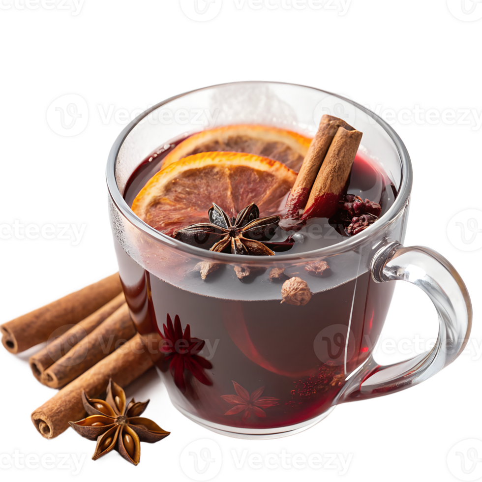 Christmas hot mulled wine in a glass cup with cinnamon, spices and orange png
