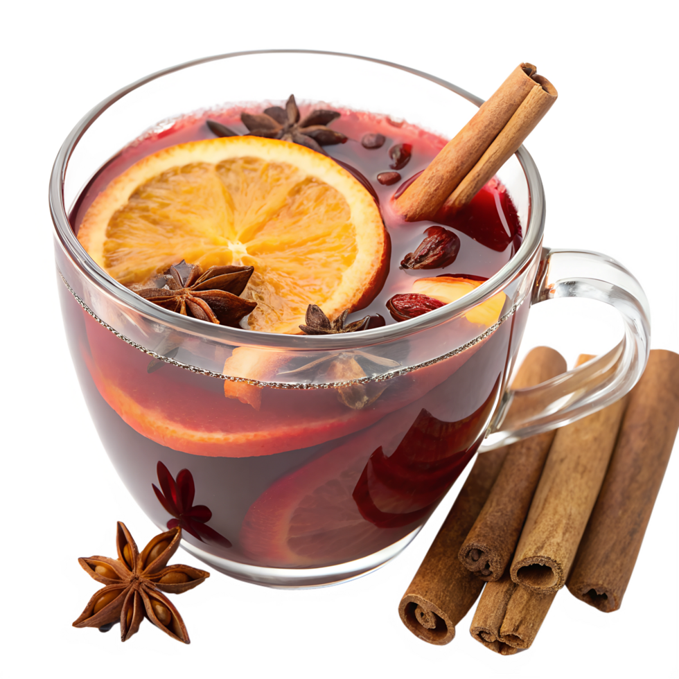 Christmas hot mulled wine in a glass cup with cinnamon, spices and orange isolated on the transparent background png