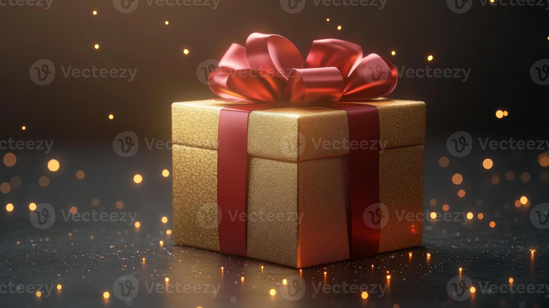 Golden Gift Box with Red Bow and Festive Lights photo