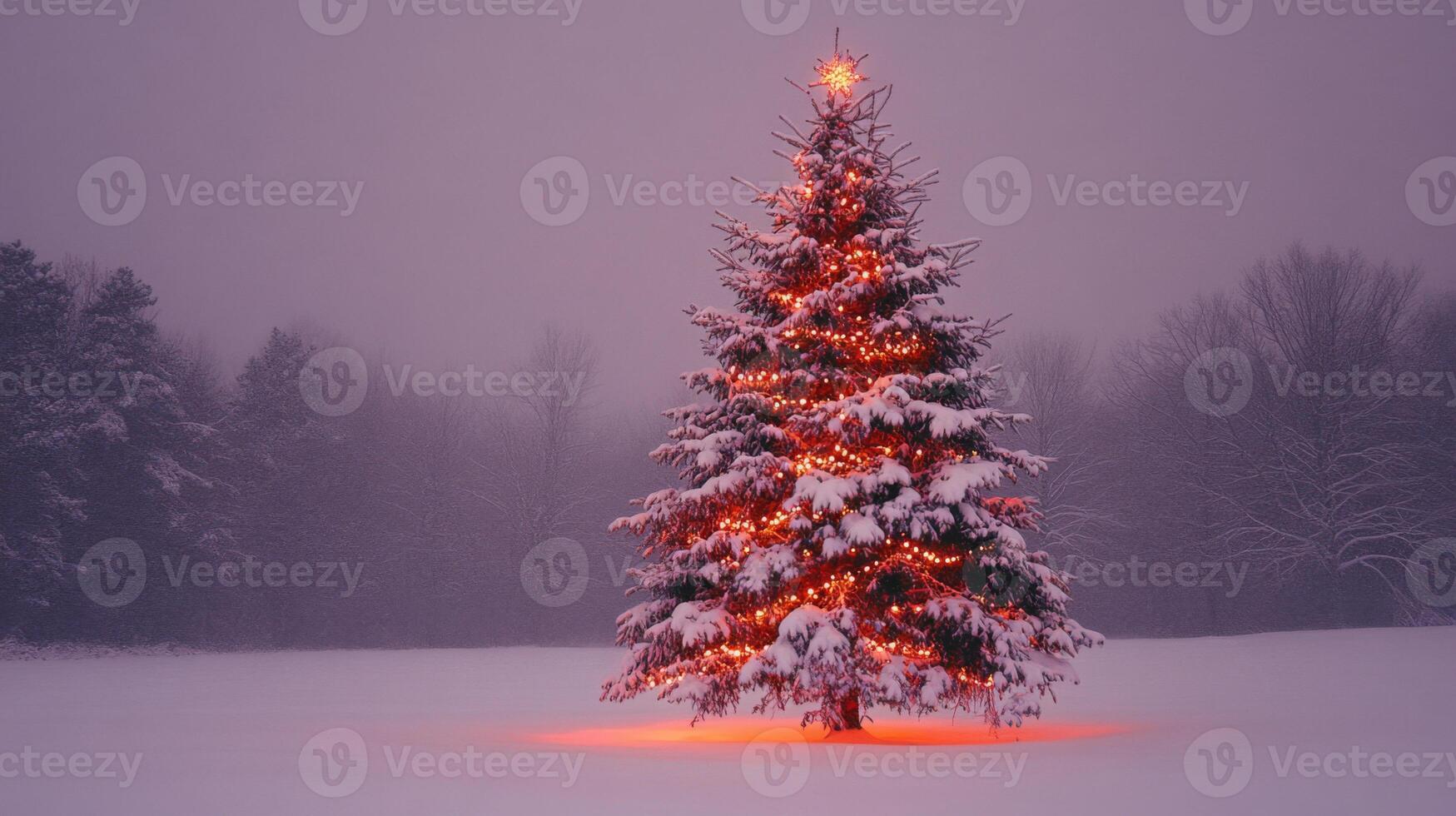 A Single Lit Christmas Tree in a Snowy Field at Dusk photo