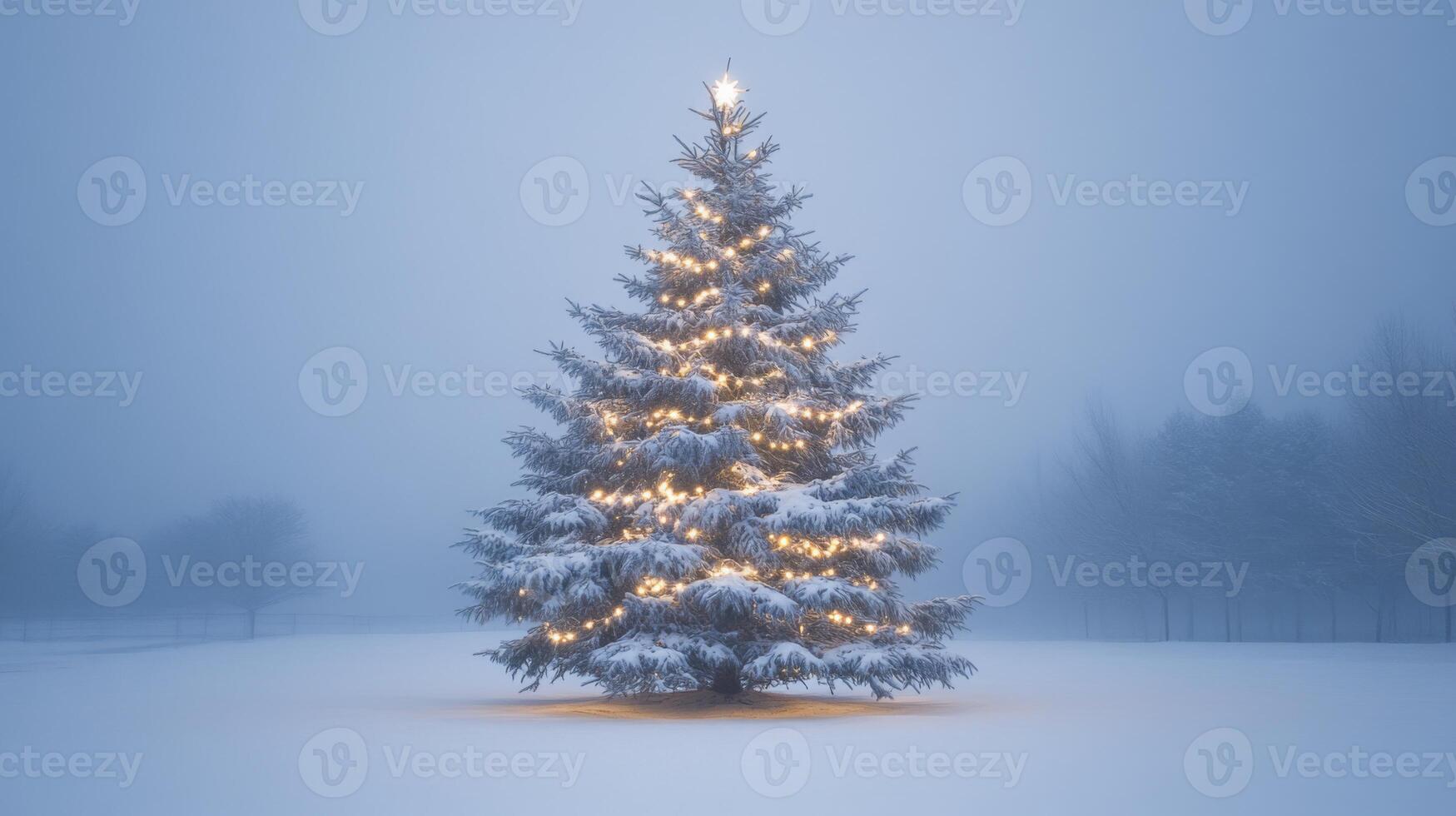 A Snowy Christmas Tree Glowing in the Fog photo
