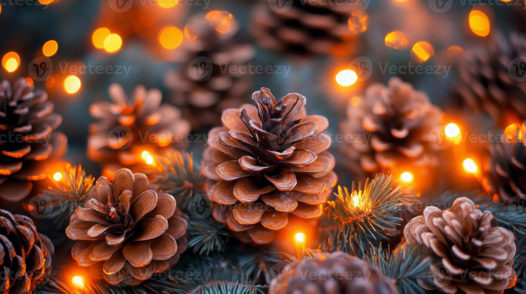 Close-up of Pine Cones Illuminated by Warm String Lights photo