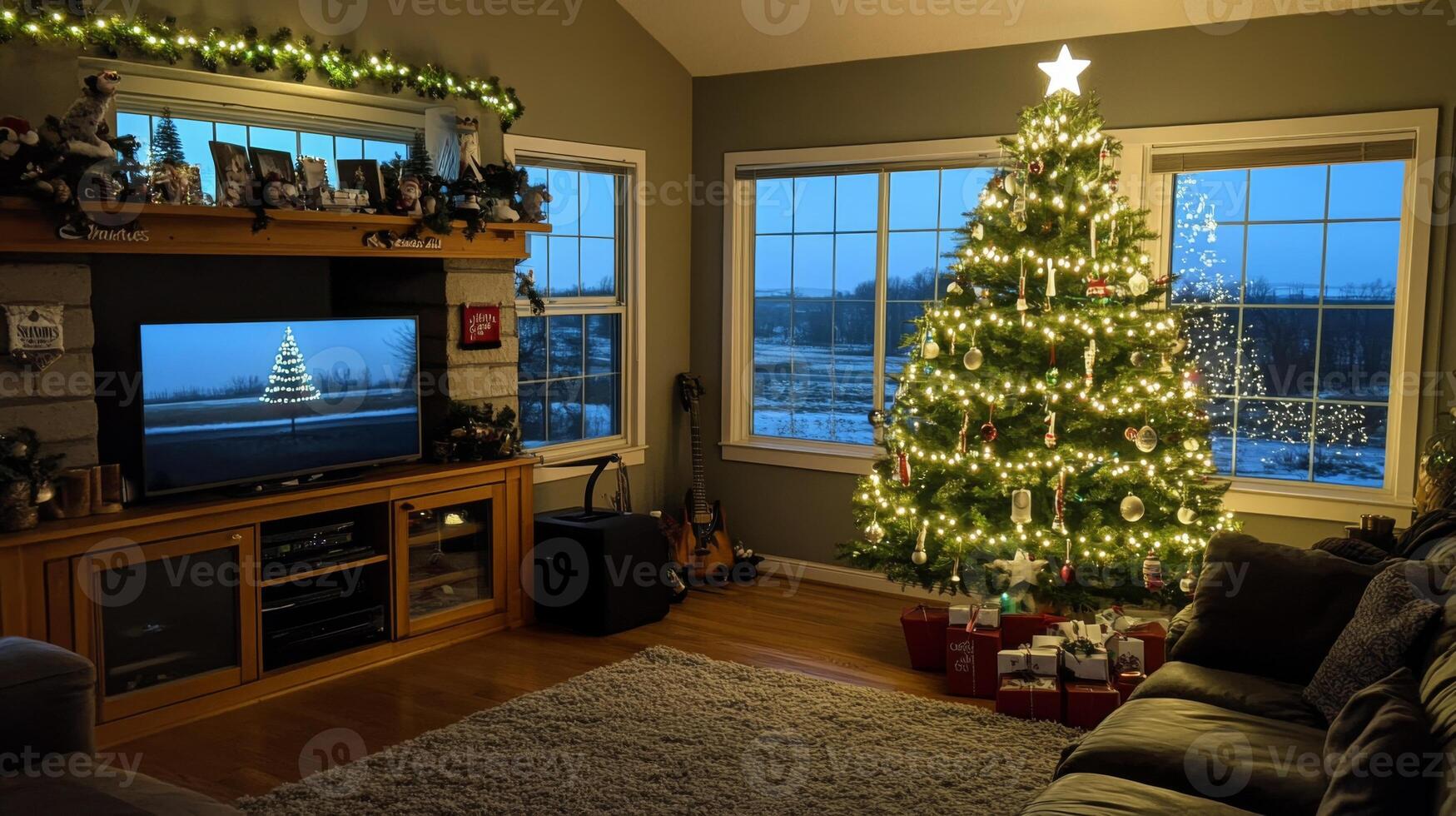 Decorated Christmas Tree in Living Room with Gifts and Couch photo