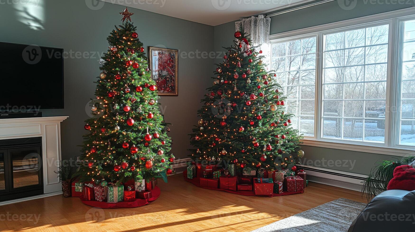 Two Decorated Christmas Trees in a Living Room with a Window View photo
