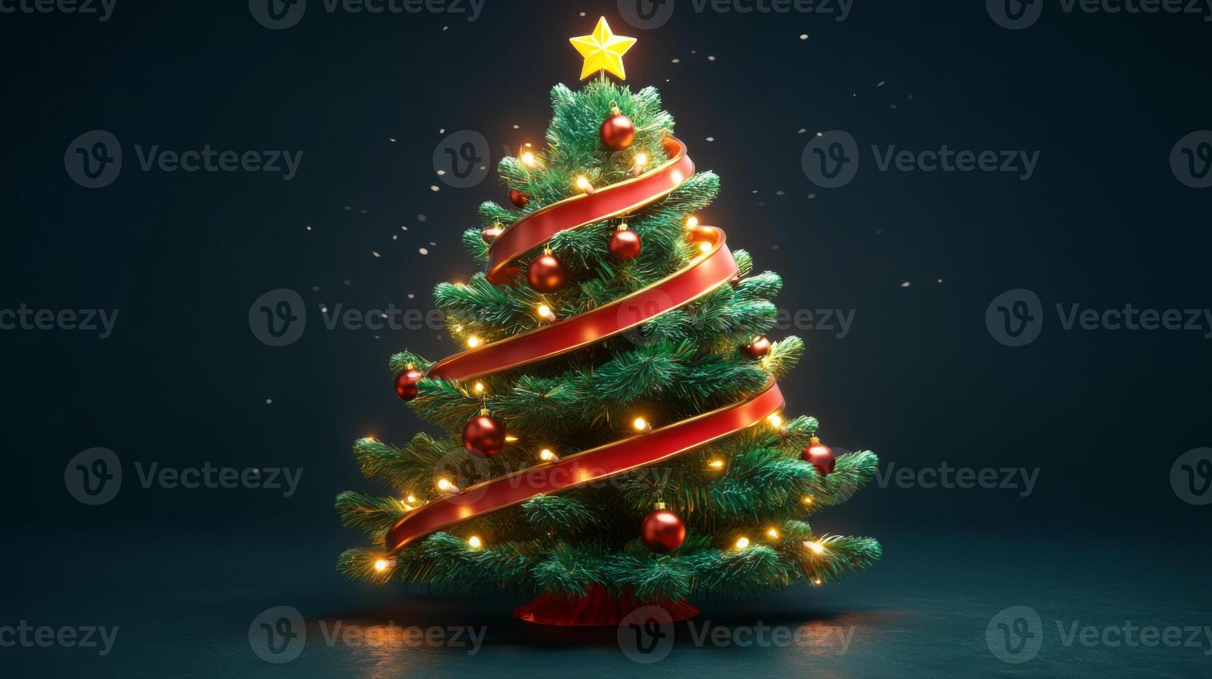 Illuminated Christmas Tree with Red Ribbon and Ornaments photo