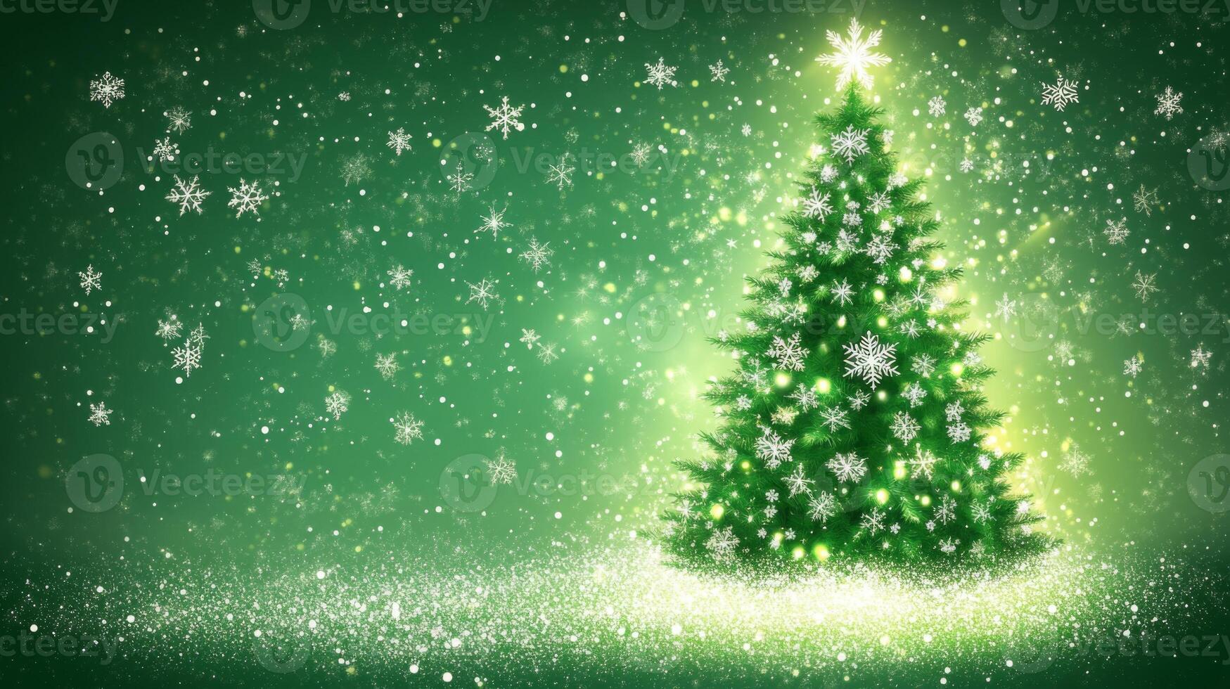 A Glowing Christmas Tree with Falling Snowflakes on a Green Background photo