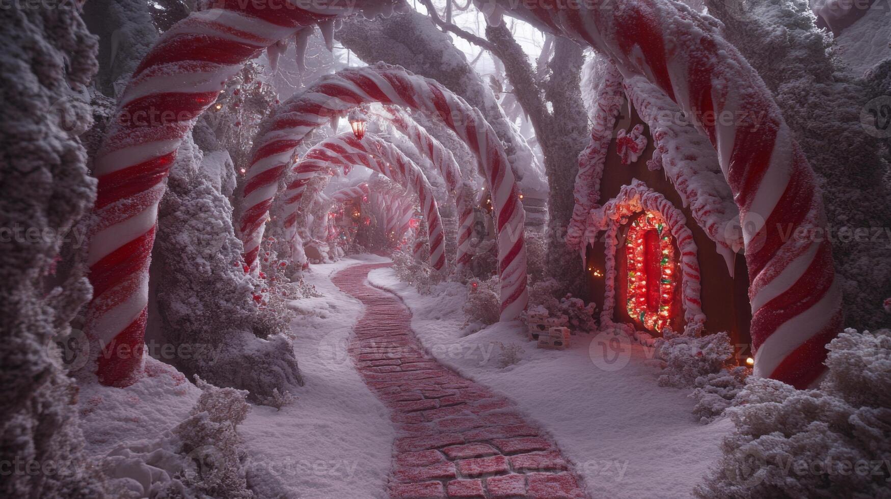 A Snowy Pathway Lined with Candy Cane Trees Leading to a Gingerbread House photo