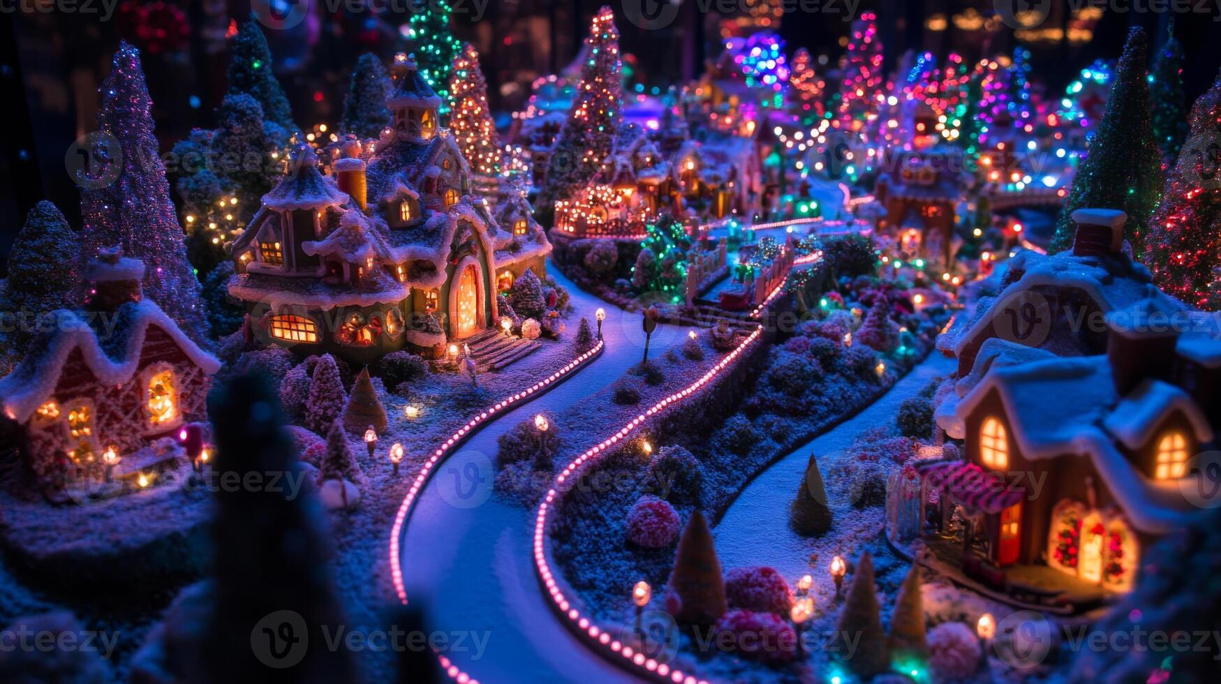Miniature Christmas Village with Snow-Covered Houses and Twinkling Lights photo
