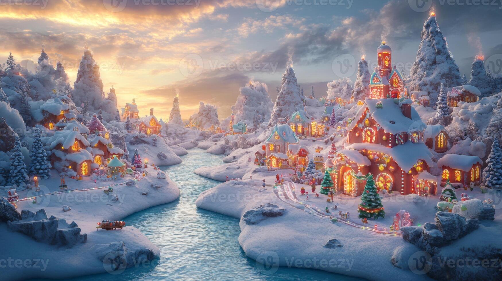 Illuminated Gingerbread Village with Snow-Covered Mountains and a Winding River at Sunset photo