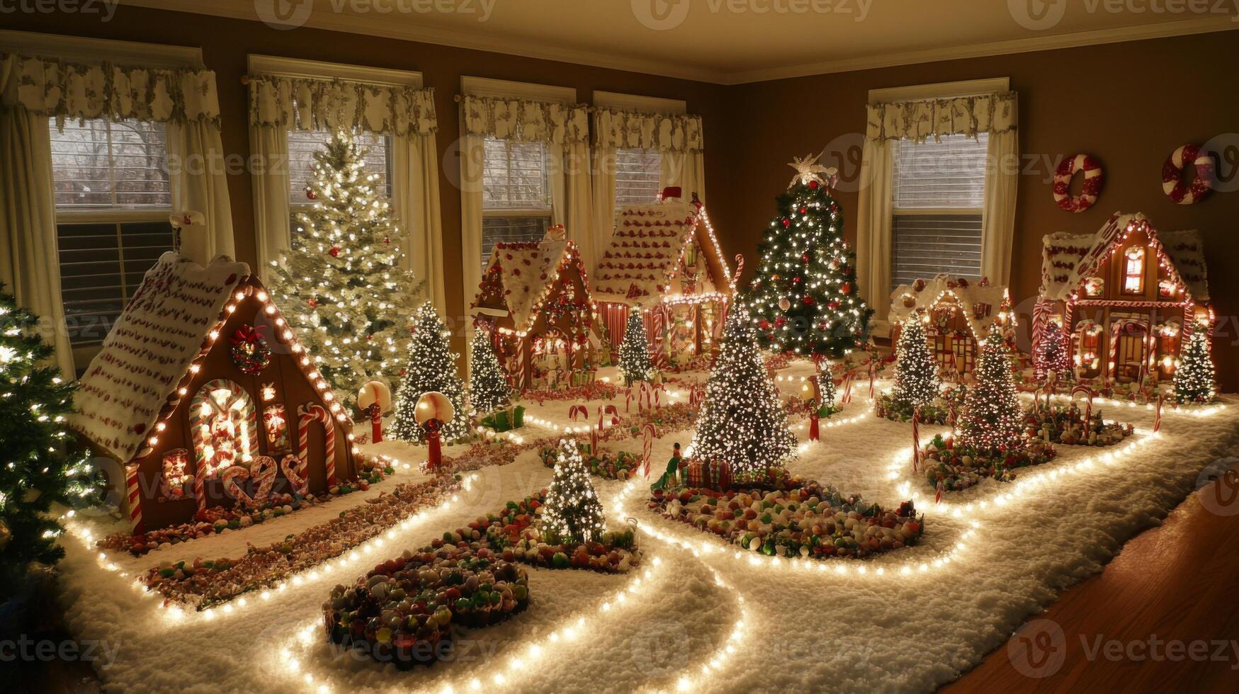 A Christmas Village Display with Gingerbread Houses and Trees photo