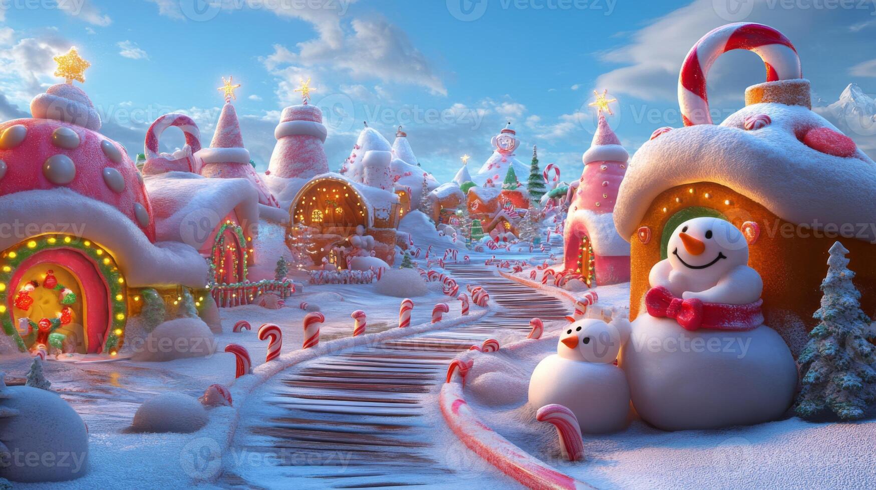 A Festive Candy Cane Village with Snowmen and a Winding Pathway photo