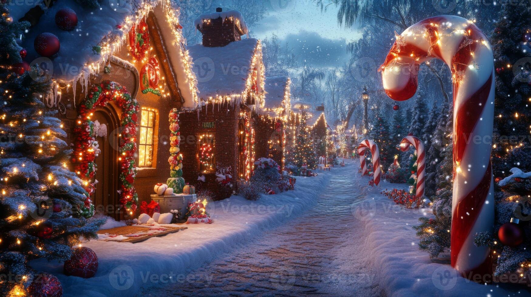 A Snowy Christmas Village with Candy Cane Lights and Decorated Homes photo