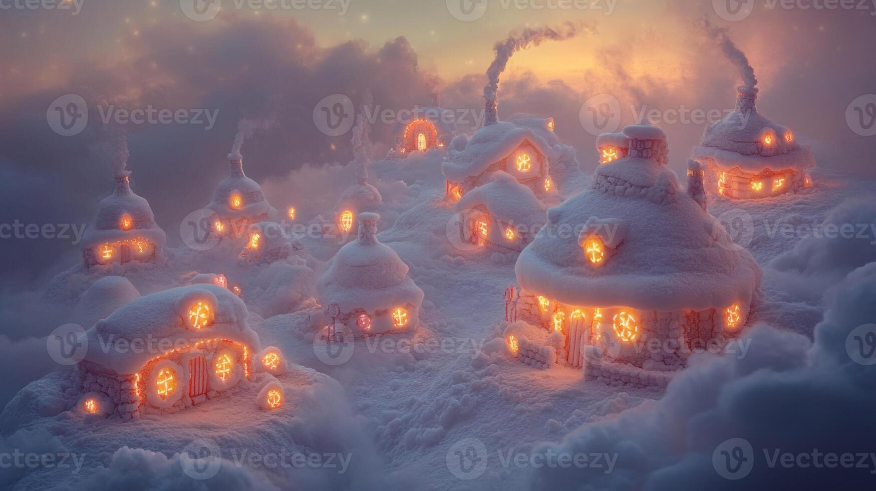 Snow-Covered Houses with Glowing Windows in a Misty Winter Landscape photo