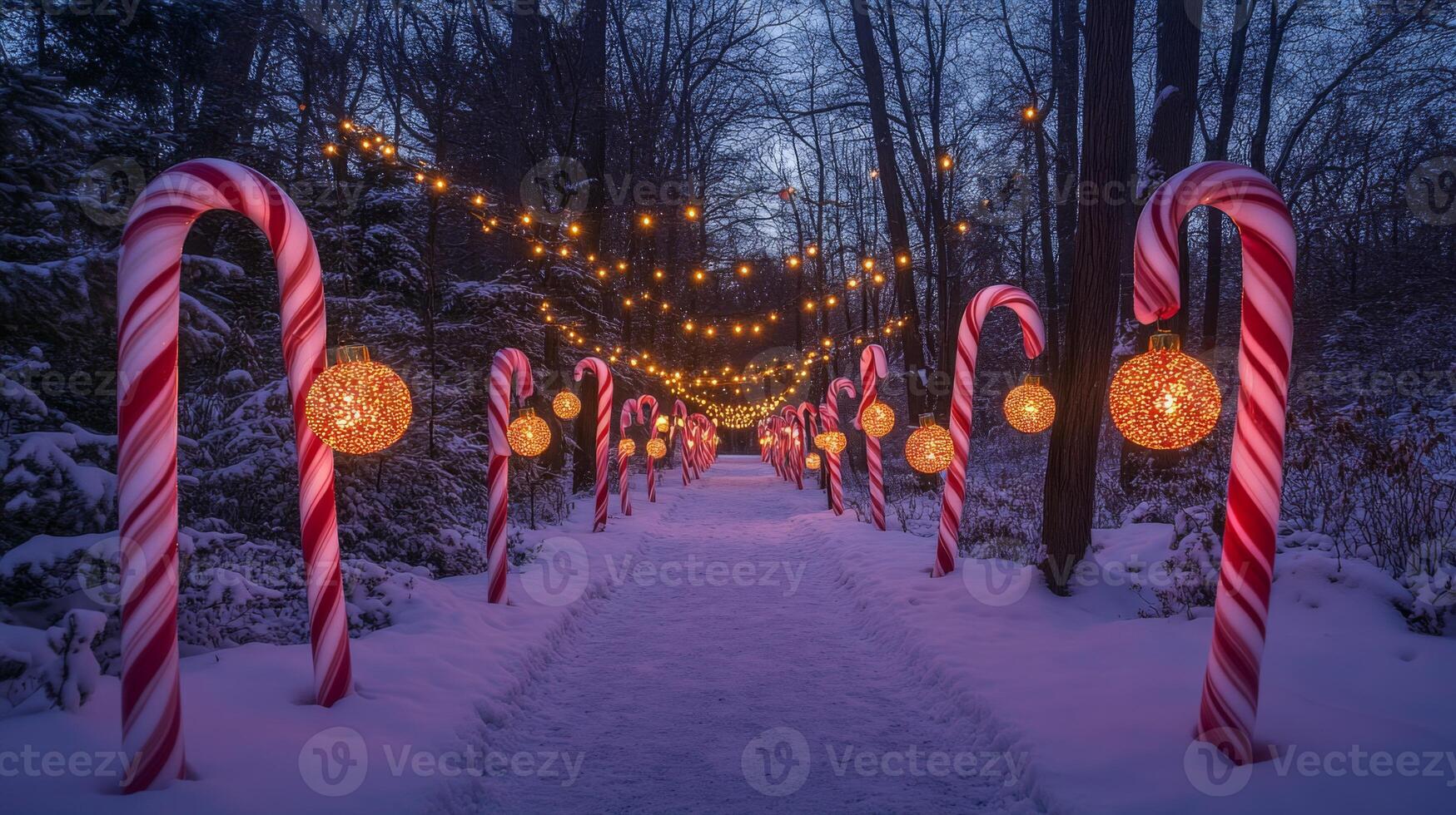 Illuminated Candy Cane Pathway Through a Snowy Forest photo