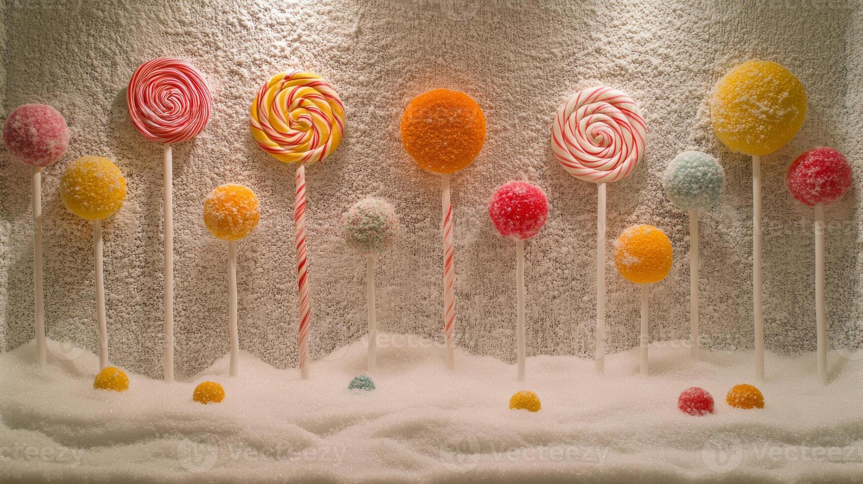 Colorful Lollipops Standing in Snow photo