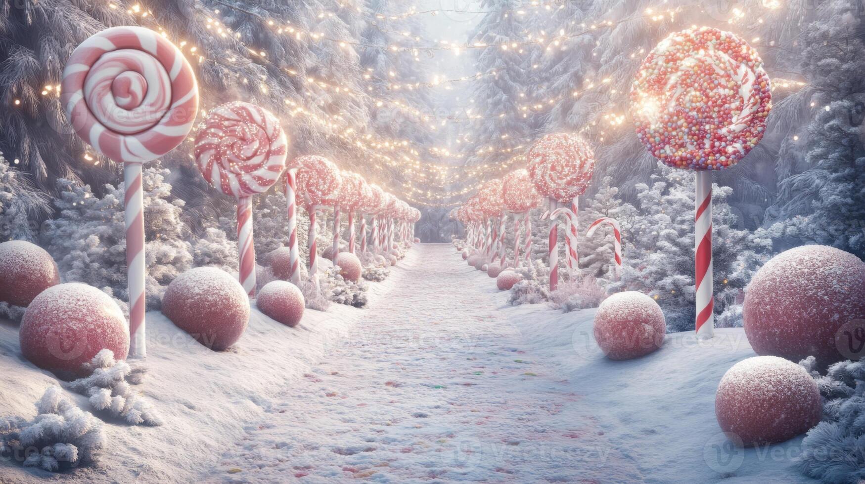 A Snowy Pathway Lined with Candy Cane Trees and Lollipops photo