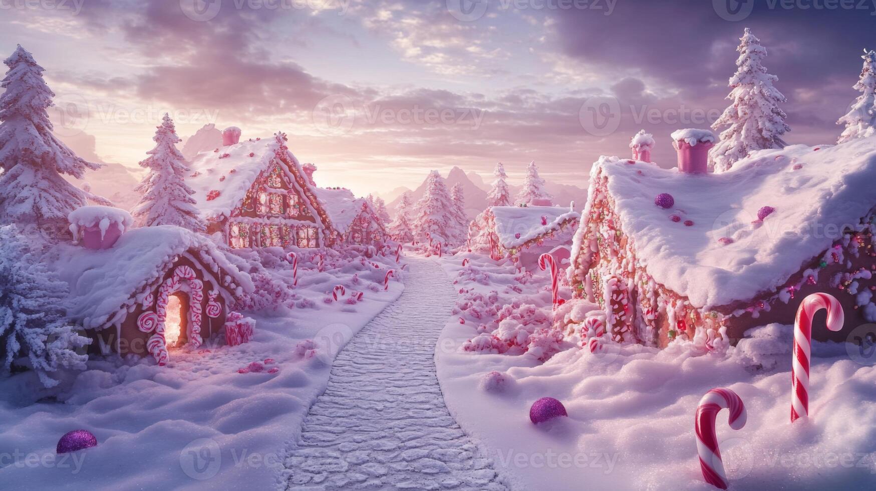 A Snow-Covered Village of Candy Cane Houses photo