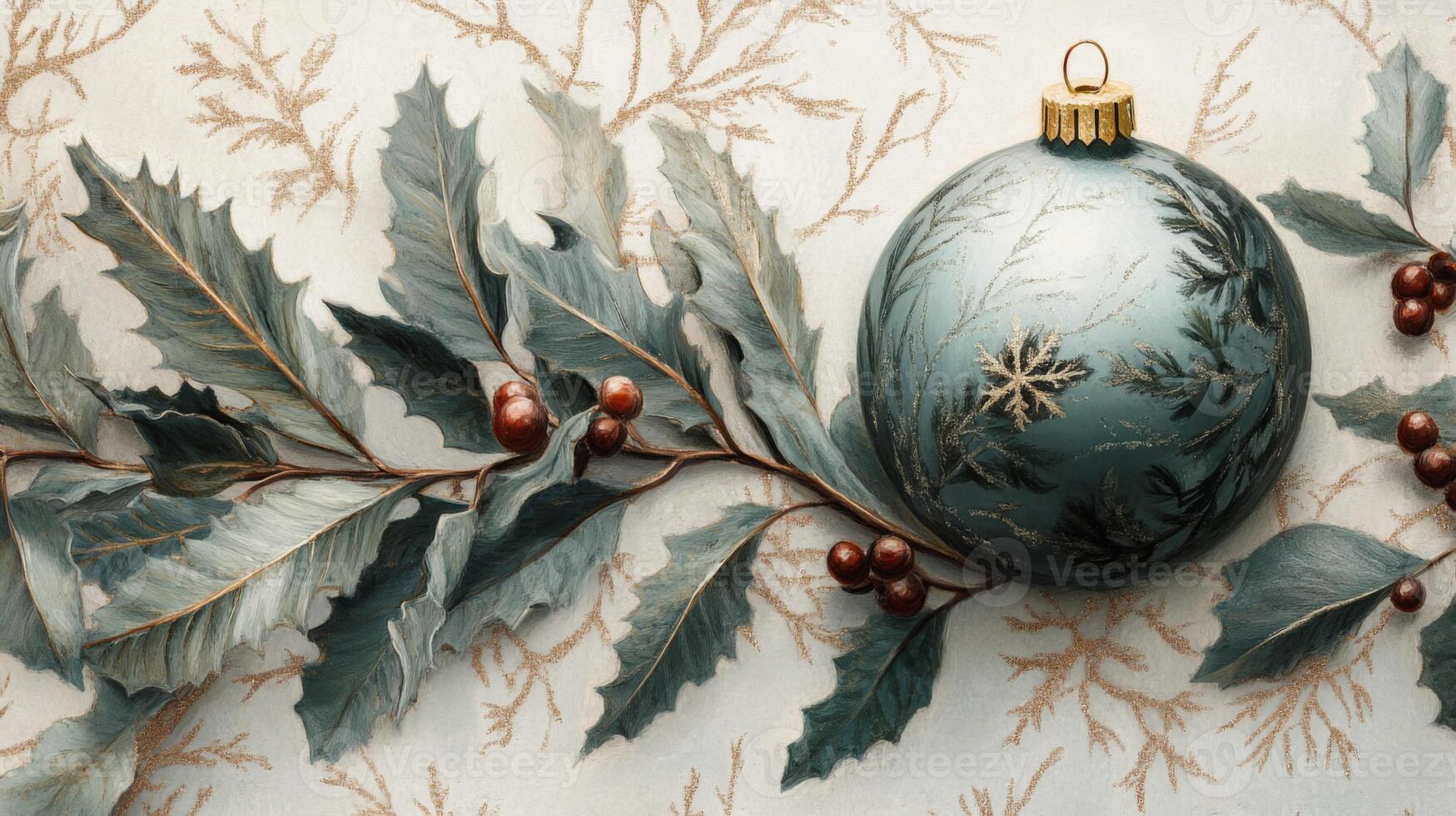 A Blue Christmas Ornament Decorated with Gold Snowflake and Surrounded by Holly Leaves and Berries photo