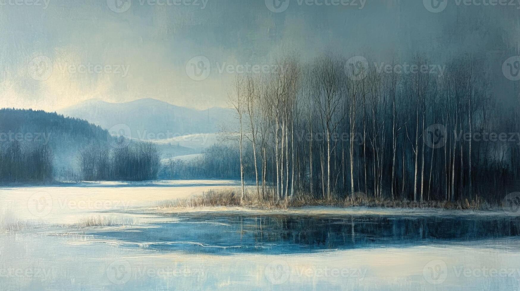 A Tranquil Winter Scene with a Frozen Lake and a Distant Mountain Range photo