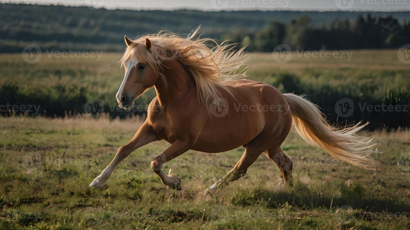 Majestic Palomino Horse Running Through a Lush Green Field photo