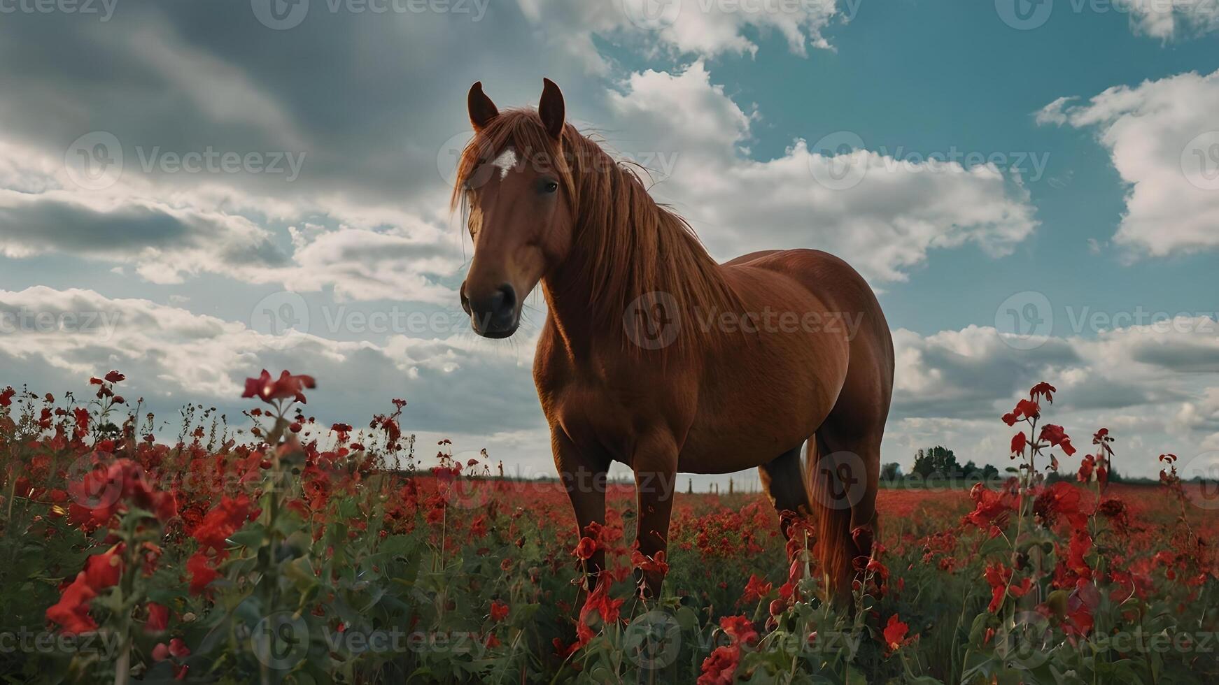 Brown Horse Standing In Field of Red Flowers Under Cloudy Sky photo