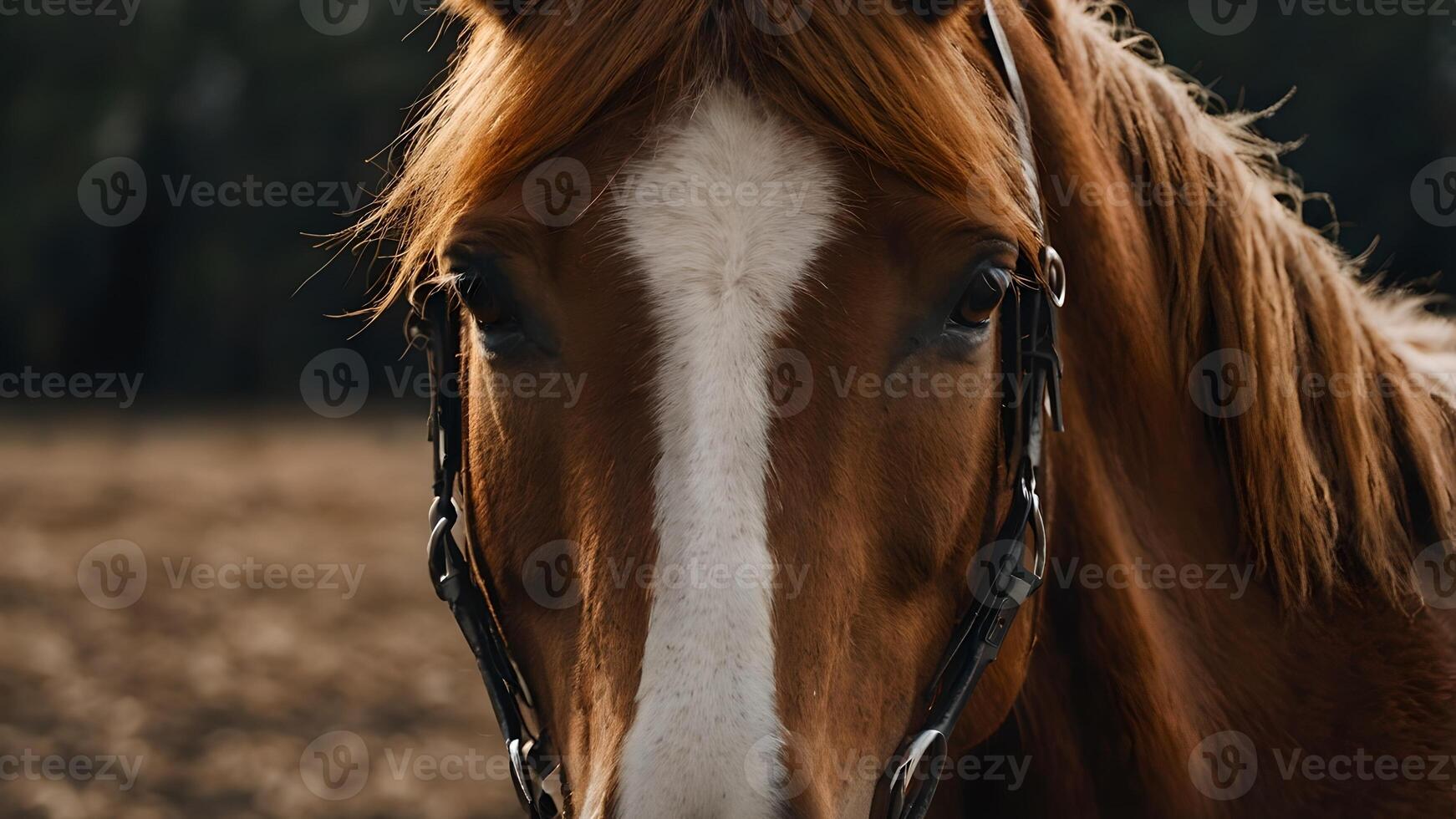 Close Up of a Chestnut Horse with a White Stripe on its Face photo
