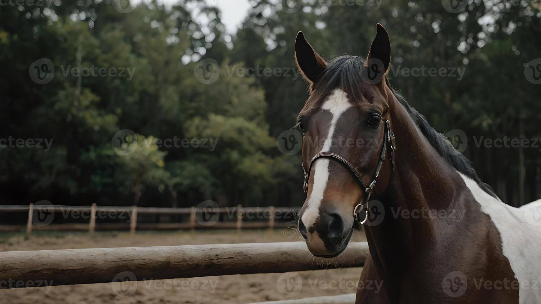 Horse in a Paddock with a Wooden Fence in the Foreground photo
