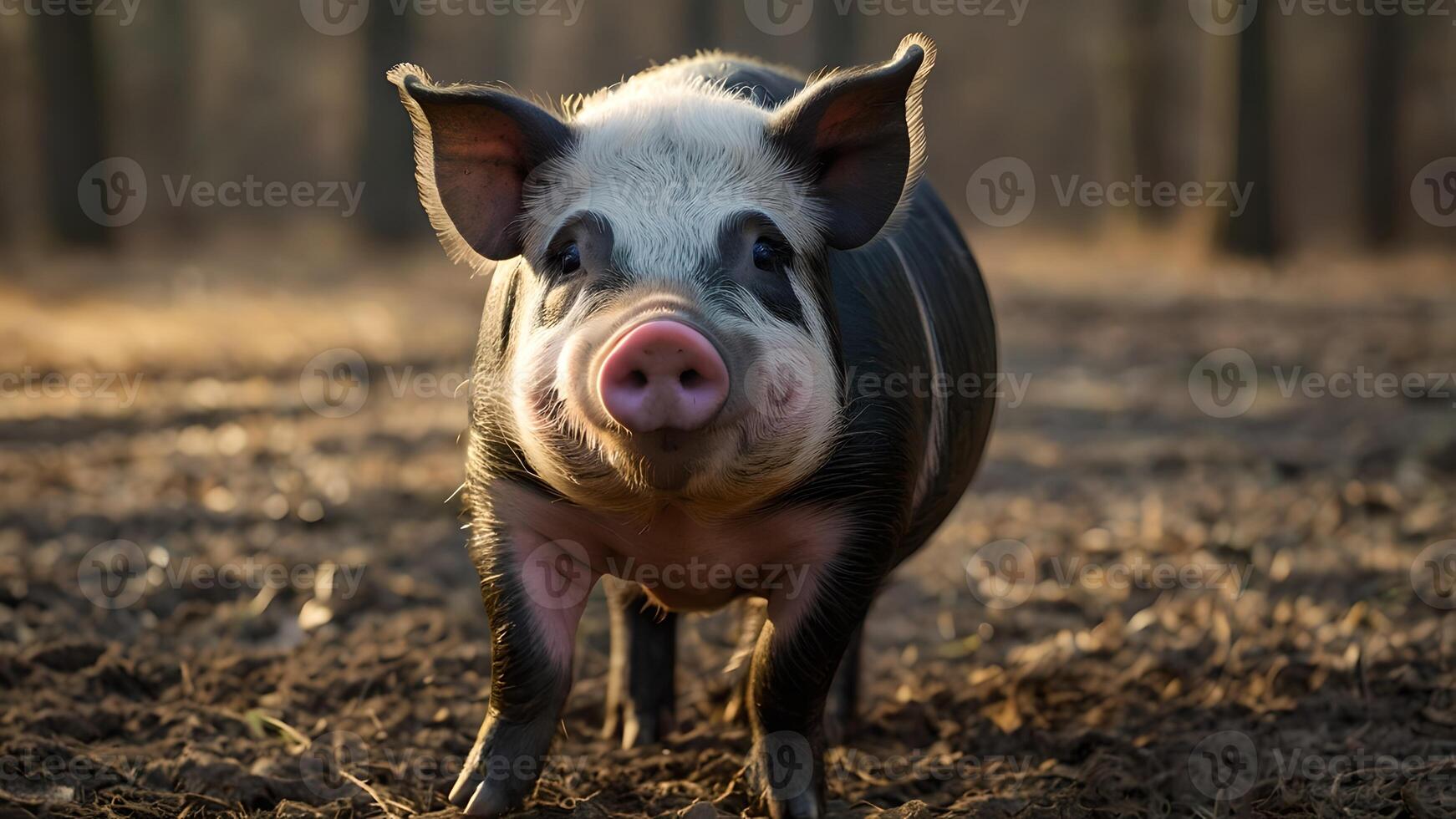 Adorable Pot Bellied Pig Standing in a Forest photo