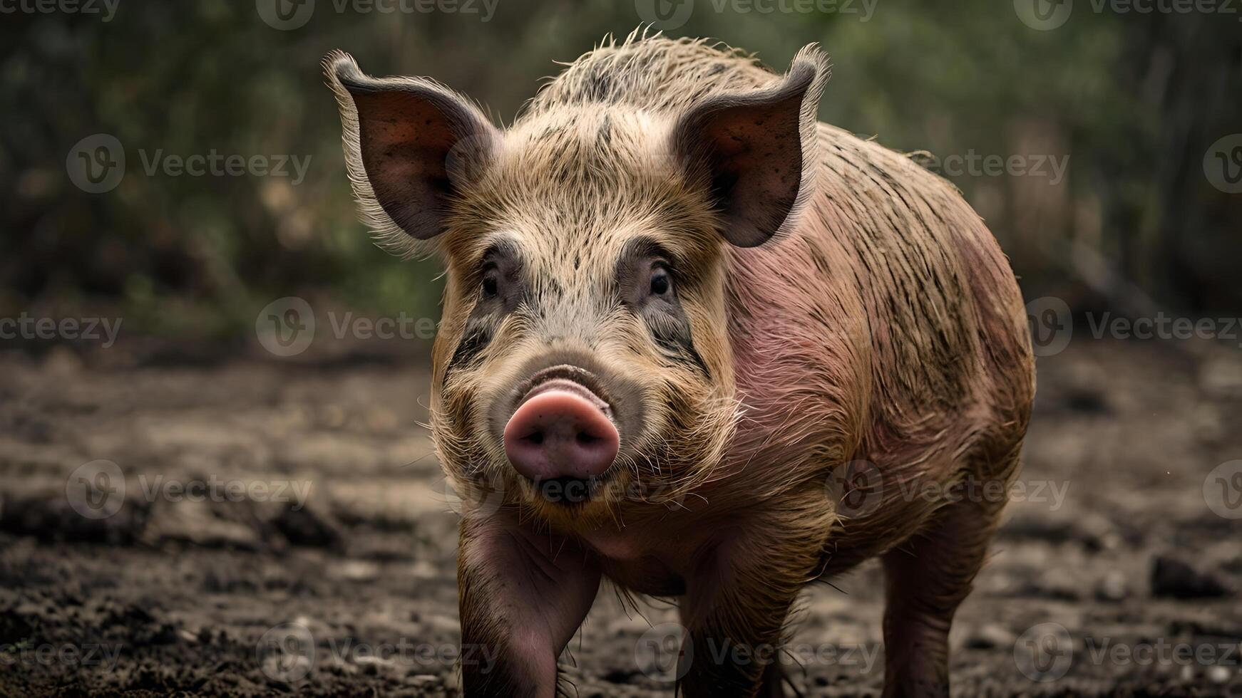 Piglet in the Forest, a Close-Up View of a Young Pig photo