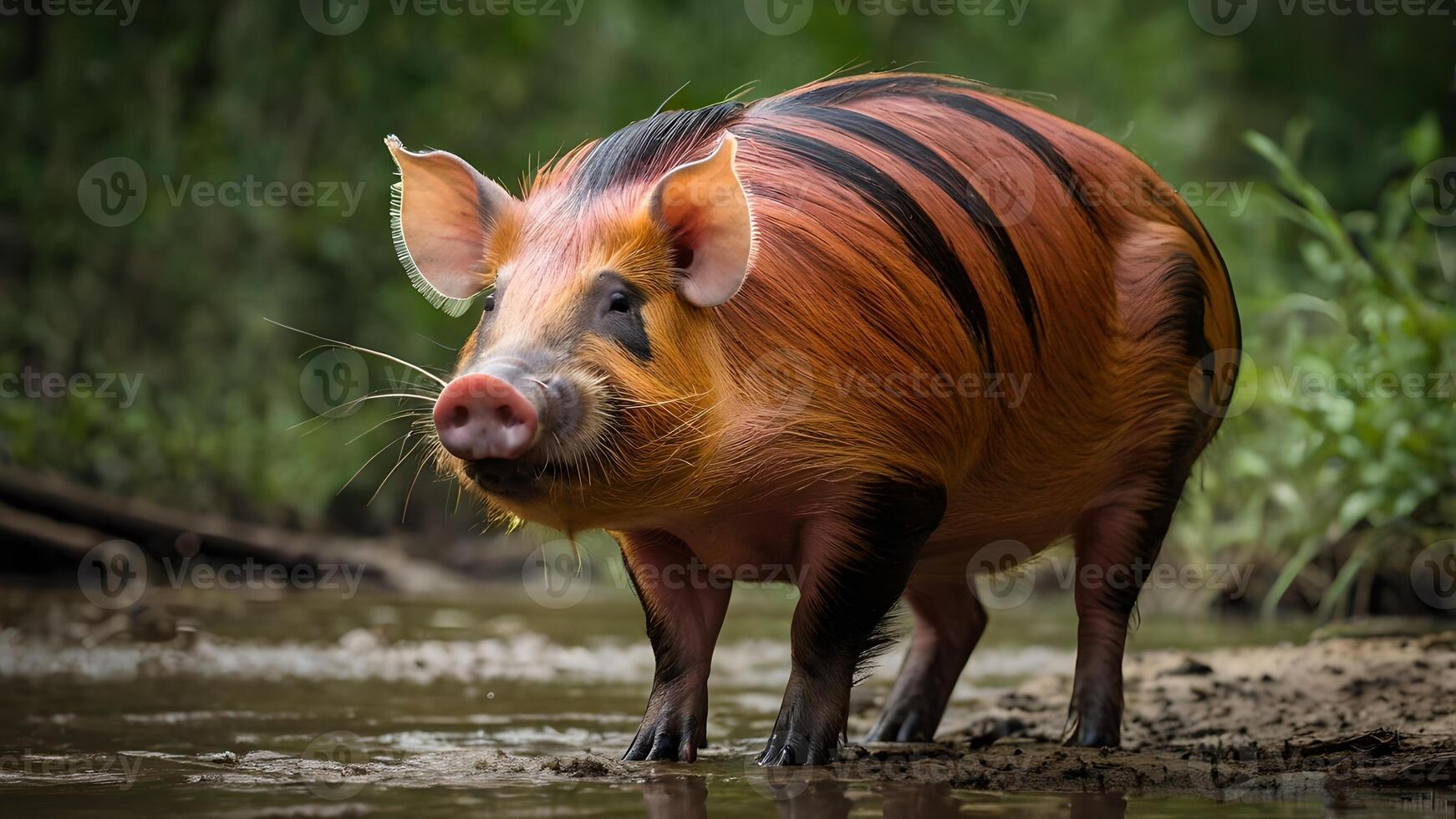 Red River Hog Standing In Water With Lush Green Foliage Background photo