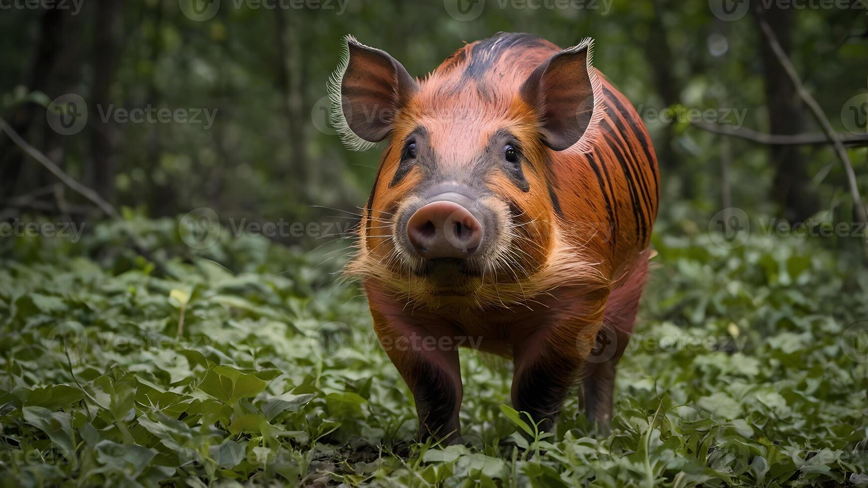 Red River Hog Standing in Lush Green Forest photo