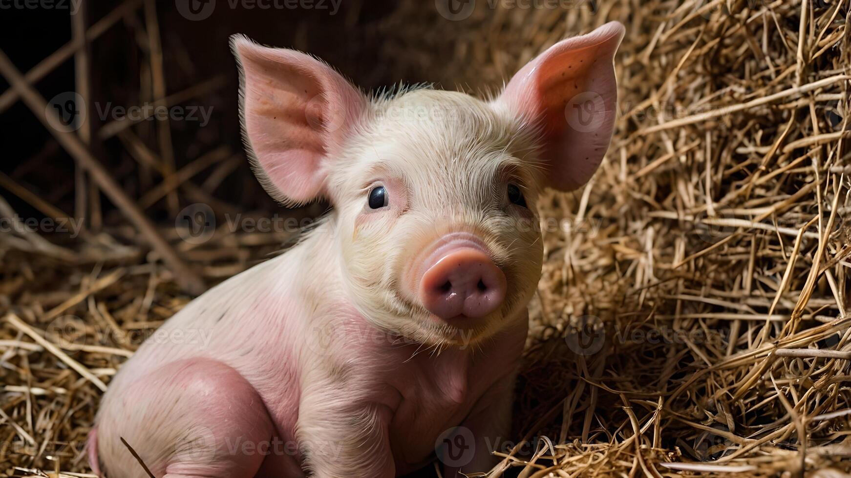 Adorable Piglet Nestled In Hay With Curious Gaze photo