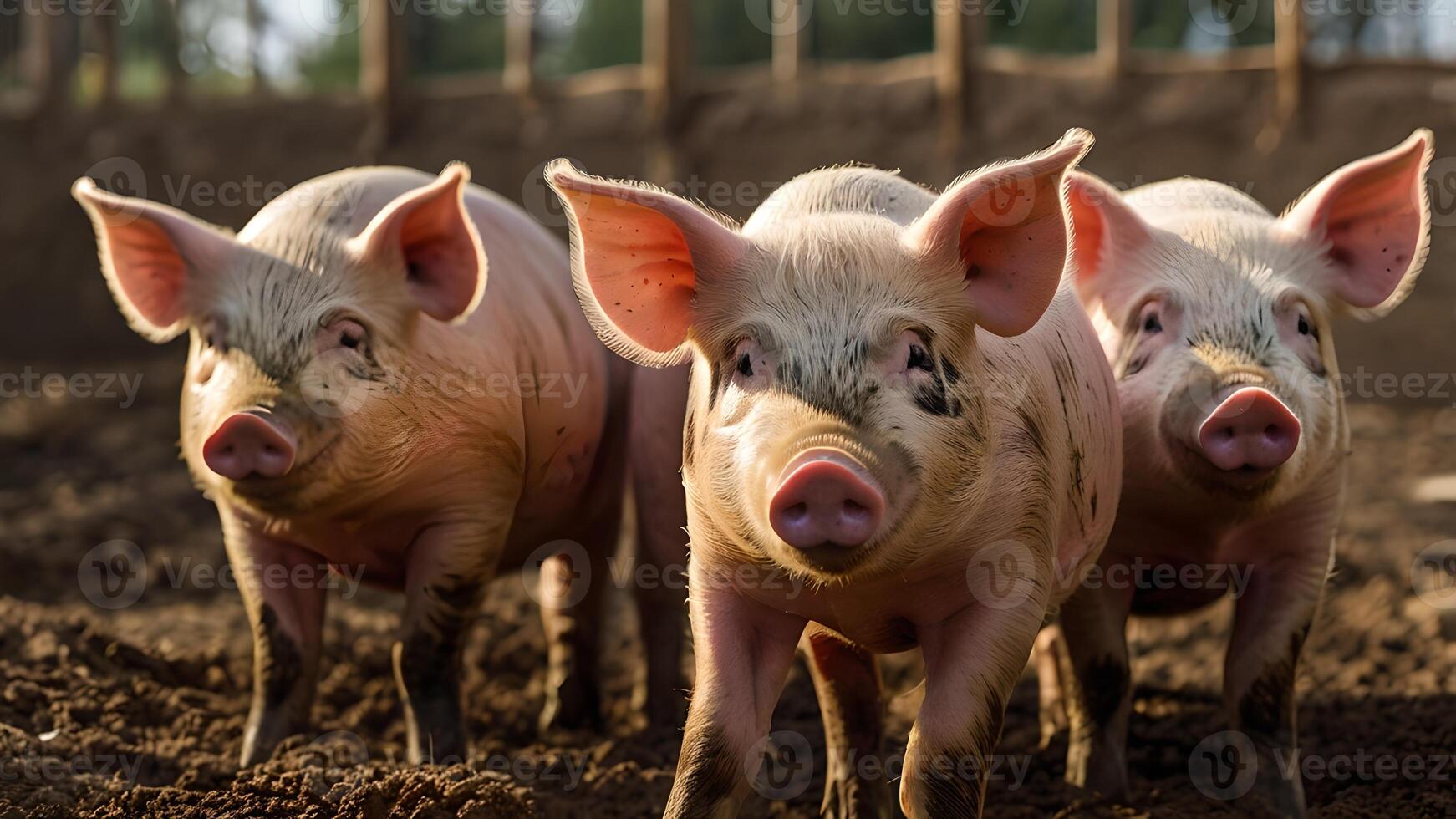 Three Pink Piglets Standing Together in the Dirt photo