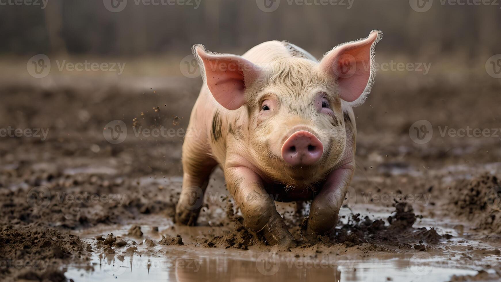 Piglet Joyfully Playing In Muddy Terrain photo