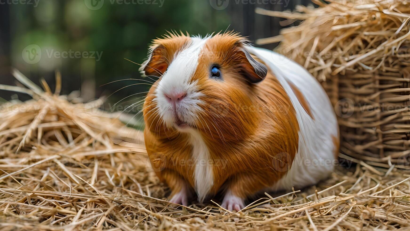 Adorable Guinea Pig Enjoying Hay Outdoors photo