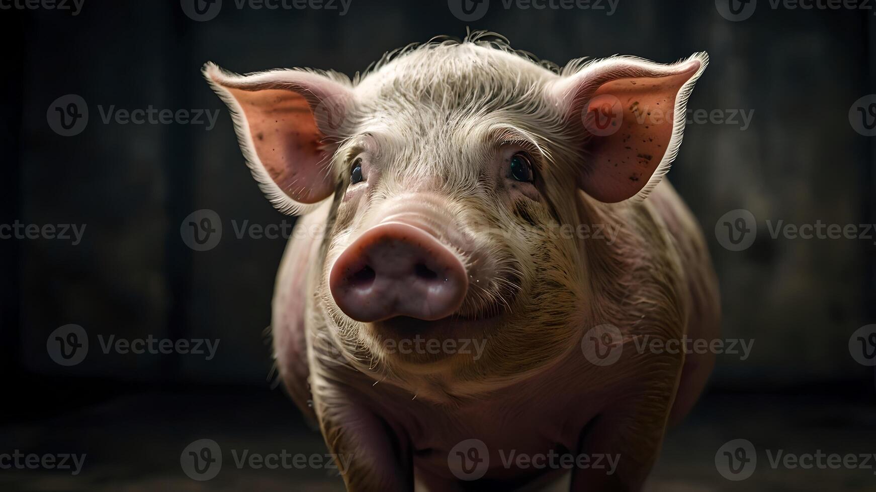 Frightened Pig with Big Eyes in a Dark Room photo