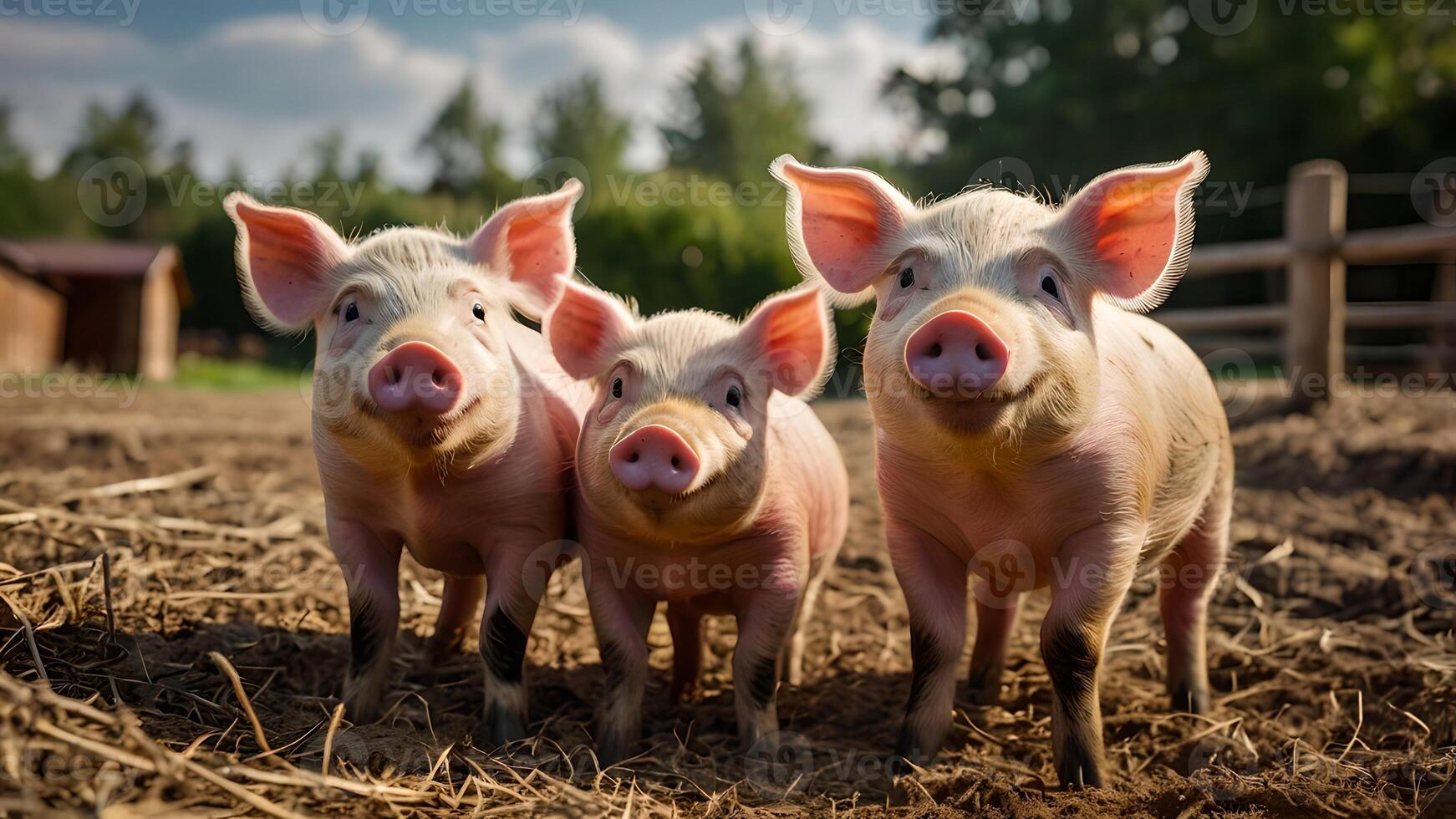 Three Happy Piglets Enjoying Life on a Farm photo