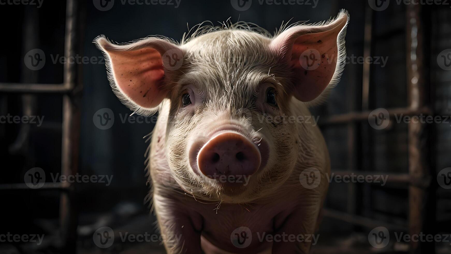 Fearful Pig Portrait in Dark Room photo