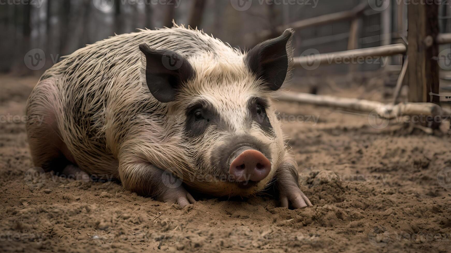 A Healthy Pig Resting in a Pigpen photo