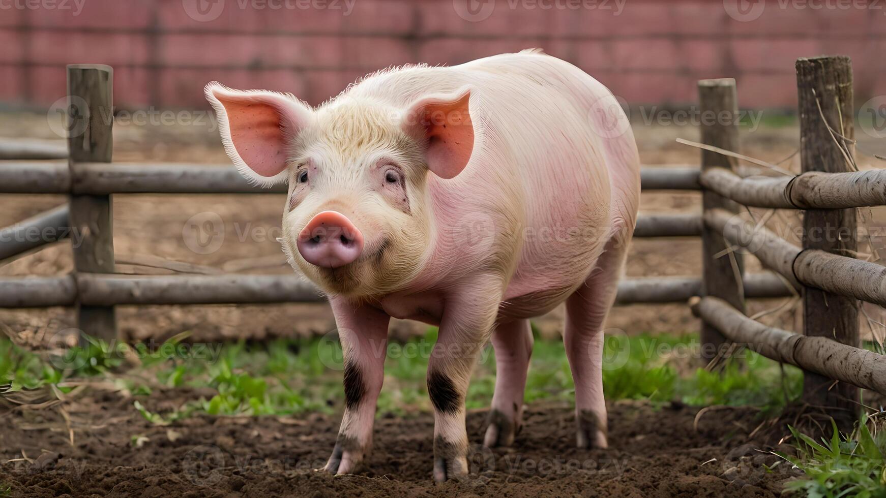 Pink Pig Standing In A Barnyard With A Wooden Fence In The Background photo