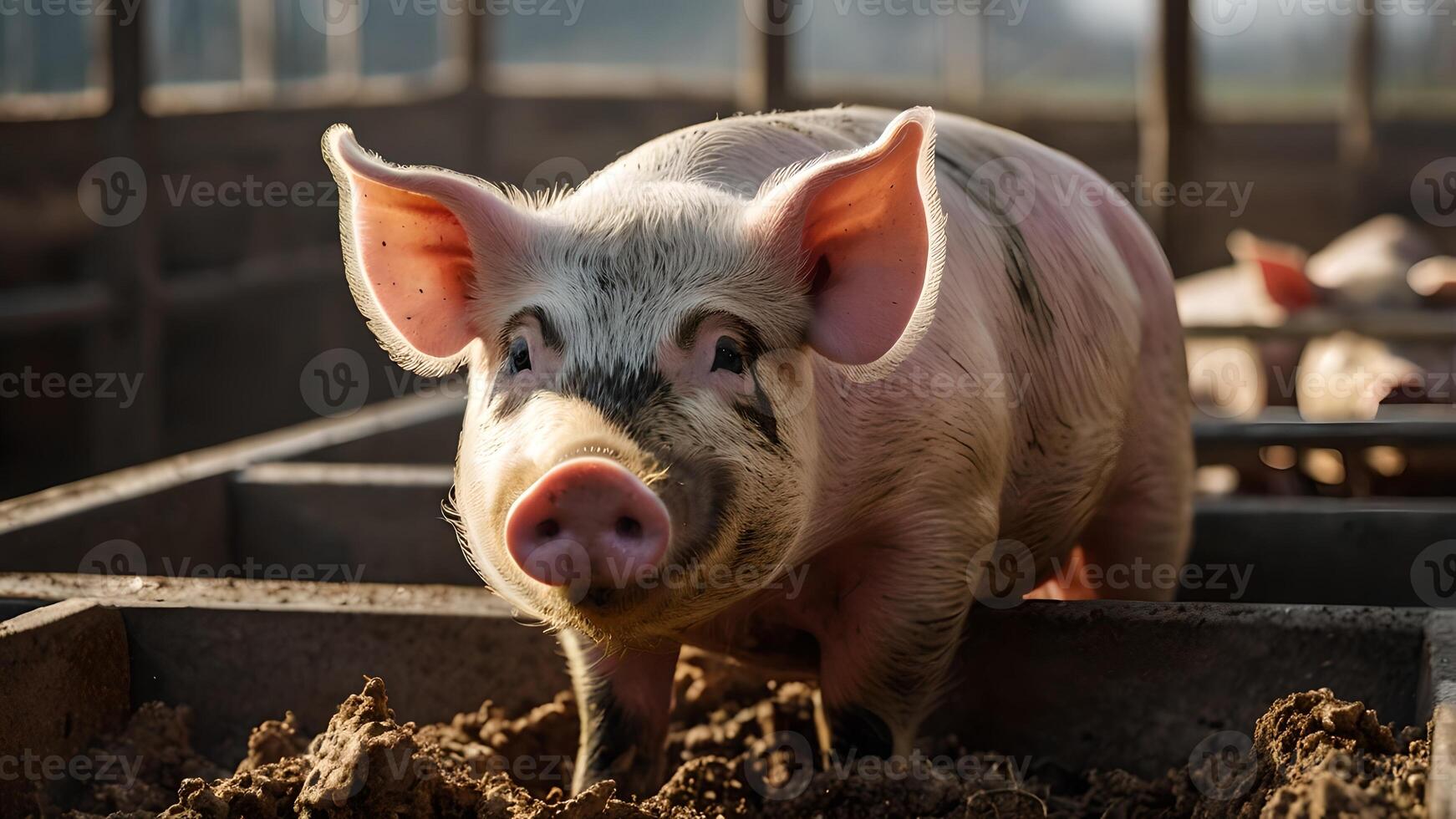 Pig Eating Scraps From a Trough in a Barn photo
